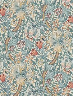 an intricately designed wallpaper with flowers and leaves in blue, red, yellow and green