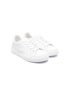 white faux leather smooth grain branded heel counter round toe front lace-up fastening branded leather insole flat rubber sole Boys Shoes, Sneakers White, Leather Sneakers, Lace Front, Calf Leather, Rubber Sole, Grain, Fashion Branding, Faux Leather