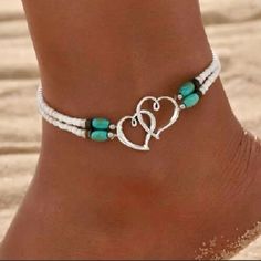 Boho Turquoise Beaded Heart Ankle Bracelet Stretchy Adorable Metal: Zinc Alloy *See Photos For Measurements* New In Package Stretchy Bracelets Diy, Heart Ankle Bracelet, American Makeup, Silver Flower Bracelet, Gold Stretch Bracelet, Ankle Bracelets Diy, Mixed Metal Bracelets, Ankle Brace, Beaded Ankle Bracelets