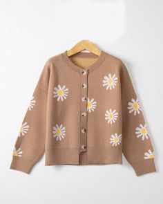 US$ 39.99 - Women's Sweater Floral Pattern Single Breasted Knit Cardigan Sweater - www.zicopop.com Spring Long Sleeve Acrylic Outerwear, Brown Buttoned Cardigan For Spring, White Crew Neck Cardigan For Fall, Cozy Brown Sweater For Spring, Spring Brown Sweater With Buttons, Cozy Brown Spring Sweater, Spring Crew Neck Sweater With Buttons, Crew Neck Cardigan With Buttons For Fall, Spring Long Sleeve Knitted Sweater Coat