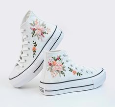 🧵 Handcrafted Embroidery & Unique Patterns Each pair of Converse is carefully hand-embroidered, impressive and unique designs that set your sneakers apart.  Pricing The listed price includes both the Converse shoes and the custom embroidery designs on them. 💬 Customizable Options -  We offer various types of Converse shoes! If you'd prefer a different style, feel free to message us. You can also send us your own pair of shoes for customization. Delivery takes 8-14 days, not including the time Bride Sneakers, Wedding Platform, Bridal Sneakers, Embroidered Converse, Converse Custom, Converse Platform, Wedding Converse, Custom Kicks, Platform Converse