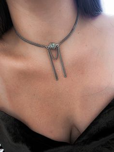 "Enjoy FREE SHIPPING WORLDWIDE+ 10% off all jewelry + Free beautiful gift wrap ❤ Welcome to My Store!❤ A perfect dainty and statement tassel chain silver Choker necklace for any elegant neckline! The perfect combination of shiny and blackened silver, between delicacy and kicking style. The necklace is made with Swarovski crystal inlay in blackened silver gourmet chains. ♦ measurements ♦ Choker necklace length - 14.96\" (38 cm) + 2\" (5 cm) extension chain . The diameter of the stone: 0.51\" (1.3 Choker Silver, Rose Brooch, Necklace Swarovski, Silver Choker Necklace, Silver Necklace Statement, Statement Choker Necklace, Dope Jewelry, Silver Choker, Chain Silver