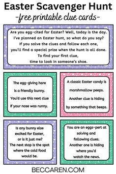 These free Easter scavenger hunt clues lead kids on an indoor scavenger hunt all leading to an Easter surprise at the end.