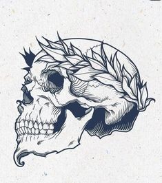 a drawing of a skull with leaves on its head