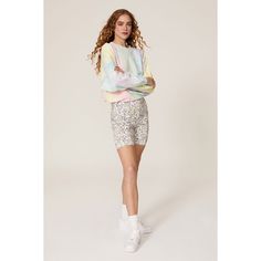 White ditsy floral printed spandex (95% Polyester, 5% Spandex). Bike shorts. Pull on styling. Fully lined. Inseam: 7". Rise: 10". 17" from waist to hemline. Imported. Rent The Runway, Tie Dye Sweatshirt, Closet Designs, Ditsy Floral, Bike Shorts, Floral Printed, White Shorts, Sequin Skirt, Tie Dye