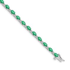 A charming addition to your jewelry collection, this excellent bracelet is designed in 14 karat white gold. Decorated with 5x3mm oval shaped green emerald gemstones weighing 4.62 cttw and natural round diamonds this 7-inch long bracelet is sure to add a dash of element. A box catch closure ensures safety. Metal Weight: 5.83 grams Jewelry Type: Fine Bracelet Style: Gemstone and Diamond Bracelet Jewelry Finish: High Polish Gender: Women's Clasp: Box Catch Metal: Gold Gold Karat: 14 Karat Metal Color: White Dimensions: 7-inch x 4mm Gemstone Details: Type: Emerald Color: Green Shape: Oval Size: 5mm x 3mm Weight: 4.62 cttw Quantity: 22 Jewelry Setting: Prong Diamond Details: Clarity: I2 Color: I-J Shape: Round Size: 0.9mm Weight: 0.088 cttw Quantity: 22 Jewelry Setting: Prong Your item arrives Fine Bracelet, Long Bracelet, Emerald Bracelet, Gold Models, White Gold Bracelet, Bracelet Style, Emerald Color, Popular Jewelry, Diamond Chain