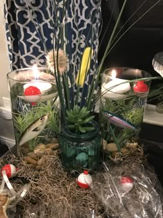 an arrangement of plants and rocks in glass vases with candles on the table next to them