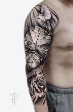 a man with a clock and roses tattoo on his arm