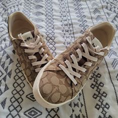 Brand New, Worn Once, Women's Size 8.5 Coach Sneakers. Brown Sneakers With Gum Sole For Spring, Brown Gum Sole Sneakers For Spring, Comfortable Brown Sneakers With Speckled Midsole, Brown Lace Sneakers For Spring, Coach Lace-up Sneakers With Cushioned Footbed, Brown Textured Sole Sneakers For Spring, Beige Low-top Fall Sneakers, Beige Low-top Sneakers For Fall, Beige Lace-up Sneakers For Fall