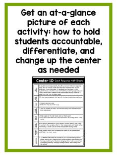 a poster with the text get an at - glance picture of each activity how to hold students'accountable, and change up the center as needed