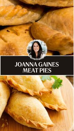 there are many different types of food on this plate and the words joanna ganes meat pies