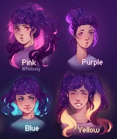 four different types of hair with the words purple on top and bottom, in three different colors