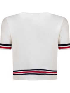 White short-sleeved T-shirt. Crew neck. Ribbed collar and hem. Striped trim that features an embroidered nautical-themed Versace logo on the front.Composition: Outside: 100% Cottonricamo: 35% Wool, 35% Acrylic, 30% Polyester Classic White T-shirt With Ribbed Collar, Classic White T-shirt With Contrast Stripes, White Classic T-shirt With Ribbed Collar, Classic Tops With Embroidered Logo For Summer, Classic Summer Tops With Embroidered Logo, White T-shirt With Contrast Trim For Summer, White Short Sleeve T-shirt With Contrast Trim, White Crew Neck Top With Ribbed Collar, Classic Summer T-shirt With Striped Collar