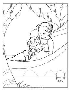 an adult and child in a boat on the water with trees behind them coloring page