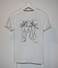 Picasso Woman (Francoise Gilot) Sketch T Shirt Graphic Cotton T-shirt With Artwork, White Cotton T-shirt With Custom Artwork, White Hand Printed Crew Neck T-shirt, Cotton Crew Neck T-shirt With Artwork, White T-shirt With Artwork For Summer, White Hand Painted Top For Summer, Artistic White T-shirt With Screen Print, Artistic White Summer T-shirt, White Hand-printed Crew Neck T-shirt