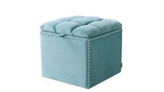 a light blue ottoman with buttons on it