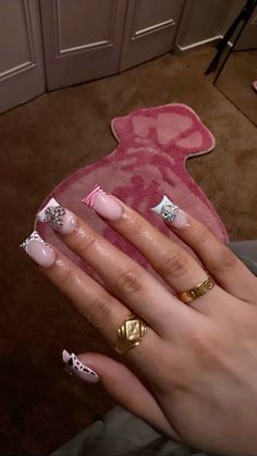 Pink Base Nails With Design, Hard Nails Short, Pretty Birthday Nails, Short Junk Nail Designs