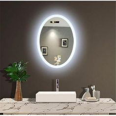 a bathroom with a sink, mirror and potted plant on the counter in front of it