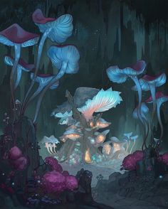 an image of a fantasy forest scene with blue mushrooms and other things in the background