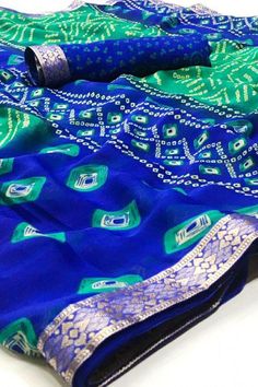 Blue Green Combination Saree, Green And Blue Saree, Blue Leheriya Saree, Blue Bandhani Print Georgette Saree, Blue Georgette Saree With Printed Border, Saree Sale, Gotta Patti, Baby Bangles, Golden Design