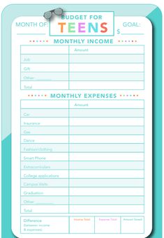 a printable student's budget sheet with the words, money for teens and month - by - month