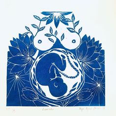 a blue and white drawing of two elephants in a nest surrounded by flowers, leaves and branches