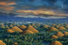 an artist's rendering of chocolate hills in the jungle