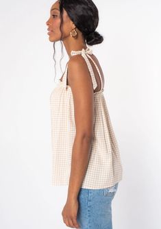 Women's Tank Top - Gingham Tie Shoulder | LOVESTITCH Sleeveless Gingham Tank Top For Spring, Sleeveless Gingham Tops For Day Out, Plaid Sleeveless Tank Top For Spring, Plaid Tops For Summer Daywear, Summer Plaid Tank Top, Chic Plaid Top With Smocked Back, Casual Gingham Tank Top For Spring, Casual Spring Tank Top For Picnic, Chic Plaid Tops For Beach