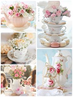 there are many different pictures of tea cups and flowers in the vases on this table