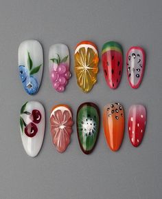 🍁Product Description: This colorful summer fruit press on nails art design is imbued with the fresh essence of summer, featuring various fruit patterns such as strawberries, cherries, blueberries, watermelons, and kiwis. nails brim with vitality and zest, infusing the fingertips with a refreshing burst of color, creating a relaxed and cheerful atmosphere that evokes a sense of joy and freshness. 🍁What is included: 24*Sticker Tab Alcohol Pad Cuticle pusher Nail File Nail Glue 🍁Size: XS: 15mm, Nails Short Almond, Fruit Nail Designs, Fruit Press, Press On Nails Short, Colorful Nail, Colorful Nails, Short Almond, Polish Ideas