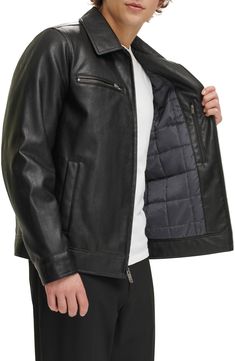 Faux leather gives a rugged yet refined look to a collared jacket outfitted with glossy zip-secured chest pockets and a lightweight quilted insulation. 27" length (size Medium) Water resistant Front zip closure Spread collar Lined 100% polyurethane Machine wash, tumble dry Imported Classic Leather Jacket With Zipper Closure For Outdoor, Classic Leather Jacket With Zipper For Outdoor, Classic Leather Outerwear With Faux Front Pockets, Sleek Leather Outerwear With Pockets, Sleek Winter Leather Jacket With Pockets, Sleek Leather Jacket With Pockets For Winter, Black Leather Biker Jacket With Faux Pockets, Solid Leather Jacket With Zipper Closure, Collared Jacket