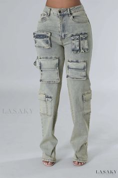 Lasaky - Mid-Waist Straight Denim Jeans with Patchwork, Button Closure, Zipper, and Pockets Best Jeans For Women, Straight Denim Jeans, Stretch Denim Pants, Style Cargo, Stretchy Jeans, Footwear Design Women, Best Jeans, Style Streetwear, Washed Denim