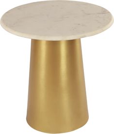 a gold and white table with a marble top on a white background for use as an accent piece