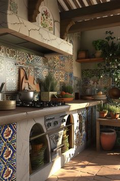 a kitchen filled with lots of potted plants and pots on top of the stove