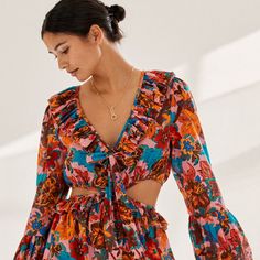 Cut-Out Ruffled Mini Dress | Nuuly Rent Multicolor Ruffled Dress For Date Night, Multicolor Ruffled Mini Dress For Date Night, Ruffled Mini V-neck Dress For Vacation, Bohemian Fitted V-neck Mini Dress, Multicolor V-neck Mini Dress With Ruffle Hem, Patterned V-neck Mini Dress With Boho Print, Bohemian V-neck Mini Dress With Vibrant Print, Ruffle Mini Dress, Vegas Baby