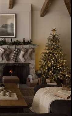 a living room filled with furniture and a fire place next to a christmas tree in front of a fireplace