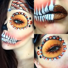 @holleywood_hills on Instagram Halloween Women Makeup, Half Skull Makeup, Halloween Makeup Sugar Skull, Most Creative Halloween Costumes, Kylie Lipstick, Dead Makeup, Half Skull