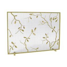 a white screen with gold leaves and branches on the outside, in front of a white background