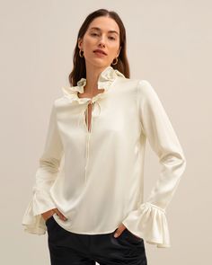 The Majus Blouse Silk Clothes, Elegant Scarves, Classic Blouses, Tie Collar, Lily White, Tie Front Blouse, Ruffled Collar, Blouse For Women, Silk Charmeuse