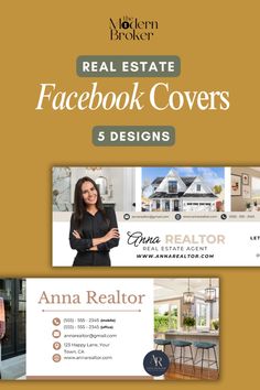 the real estate facebook cover is shown in three different colors and sizes, along with an image