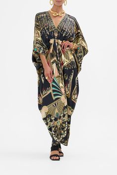 The They Call Her Nefertari Pierced V Neck Kaftan| CAMILLA US – CAMILLA Chic Printed V-neck Kaftan, Traditional Summer Evening Kaftan, Traditional Evening Kaftan For Summer, Traditional Evening Summer Kaftan, Chic Silk V-neck Kaftan, Elegant V-neck Kaftan For Vacation, Traditional V-neck Kaftan For Evening, Elegant Multicolor Kaftan With Kimono Sleeves, Elegant Printed V-neck Kaftan