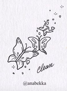 an ink drawing of a butterfly and the word clean on it's left side