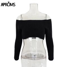 Chic Fitted Acrylic Sweater, Chic Knitted Acrylic Tops, Chic Acrylic Knitted Tops, Black Stretch Knit Top For Winter, Stretch Black Knit Top For Winter, Fitted Acrylic Tops For Fall, Trendy Black Winter Knit Top, Fitted Cropped Sweater For Winter, Fitted Long Sleeve Cropped Sweater For Winter