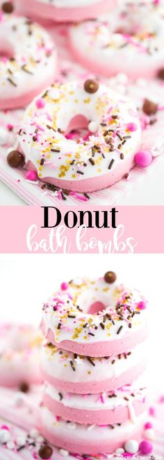 there are donuts with pink frosting and sprinkles on them