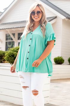 This top is too sweet! It has a flirty and feminine design with a figure-flattering fit you'll want to wear all day long! It's light and flowy and has the cutest ruffled sleeves! Not to mention how easy the solid mint color is to pair with your favorite accessories! Style this top with skinnies and wedges for an effortlessly chic look! 95% Rayon, 5% Spandex Made In USA. Chic Turquoise Spring Tops, Chic Turquoise Blouse For Spring, Trendy Green Flutter Sleeve Tops, Green Flutter Sleeve Blouse For Brunch, Flowy Green Blouse With Flutter Sleeves, Feminine Green Top With Flutter Sleeves, Feminine Green Tops With Flutter Sleeves, Feminine Green Flutter Sleeve Top, Feminine Flowy Green Top