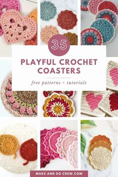 crochet coasters with the words 35 playful crochet coasters