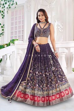 Enchanting Deep Purple Lehenga Choli: A Fusion of Tradition and Modern – Palkhi Fashion Purple Lehenga Choli, Palkhi Fashion, Purple Lehenga, Multicolor Embroidery, Disabled Women, Silk Lehenga Choli, Prosthetic Leg, Purple Soft, Silk Lehenga