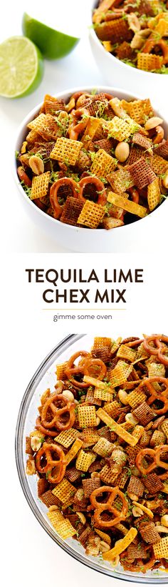 two bowls filled with chex mix next to lime wedges