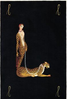 a woman is chained to a cheetah on a black background