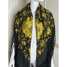 Vintage Piano Shawl Black Gold Embroidered Silk Fringe - Thrilling Black Fringed Shawl For Festival, Traditional Black Shawl One Size, Embroidered Black Shawl For Fall, Black Embroidered Shawl For Fall, Black Fringe Shawl One Size, Black One Size Fringe Shawl, Oatmeal Cardigan, Piano Shawl, Vintage Piano